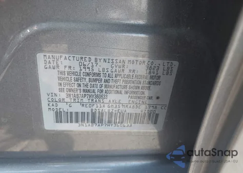 2017 Nissan Sentra S z USA, uszkodzony, nr VIN 3N1AB7AP7HY360633